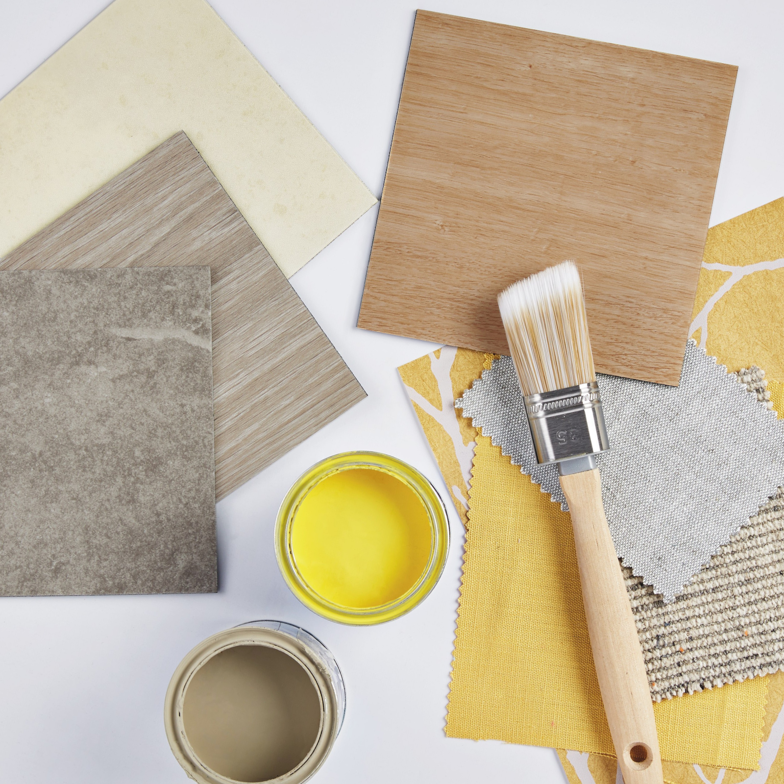 Karndean lvt samples with yellow paint and wallpaper swatches