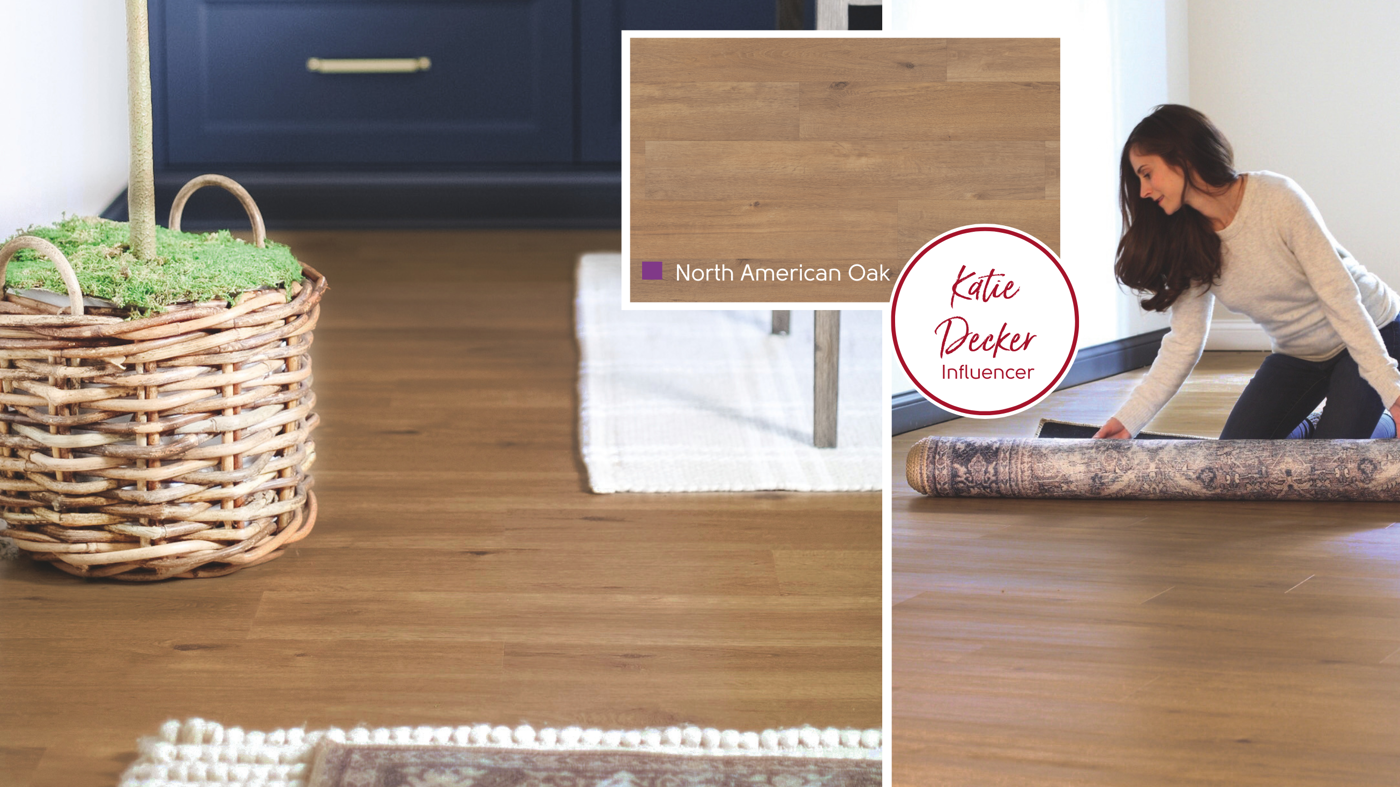 Katie Decker rolls out a rug on her North American Oak rigid core lvp floors in her basement
