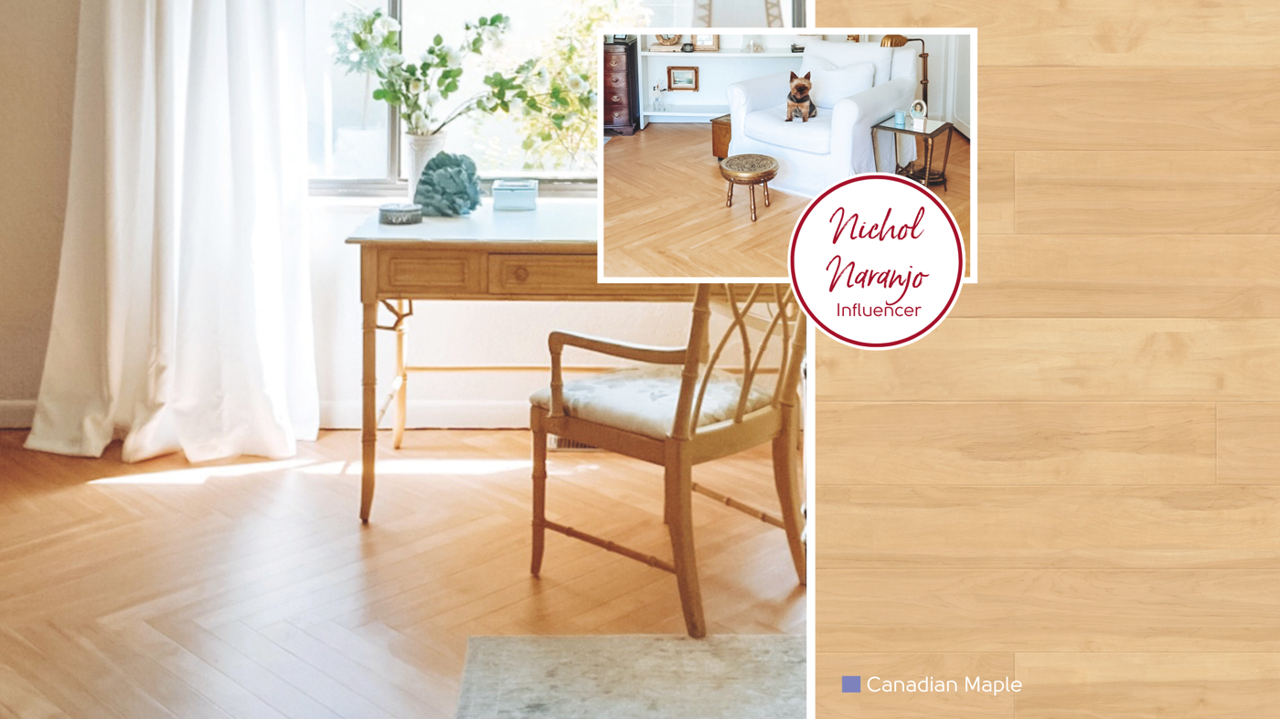 Canadian Maple gluedown lvp floors in a herringbone pattern add classic charm to Nichol Naranjo's bedroom