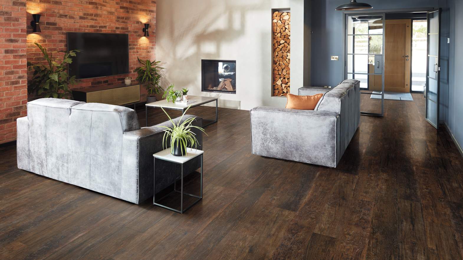 Medina Weathered Oak rigid core lvp floors bring a rustic touch to a living room